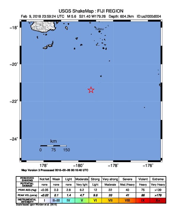 USGS ShakeMap: estimated shaking intensity around the epicenter