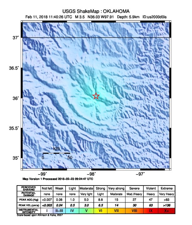 USGS ShakeMap: estimated shaking intensity around the epicenter