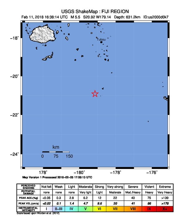 USGS ShakeMap: estimated shaking intensity around the epicenter