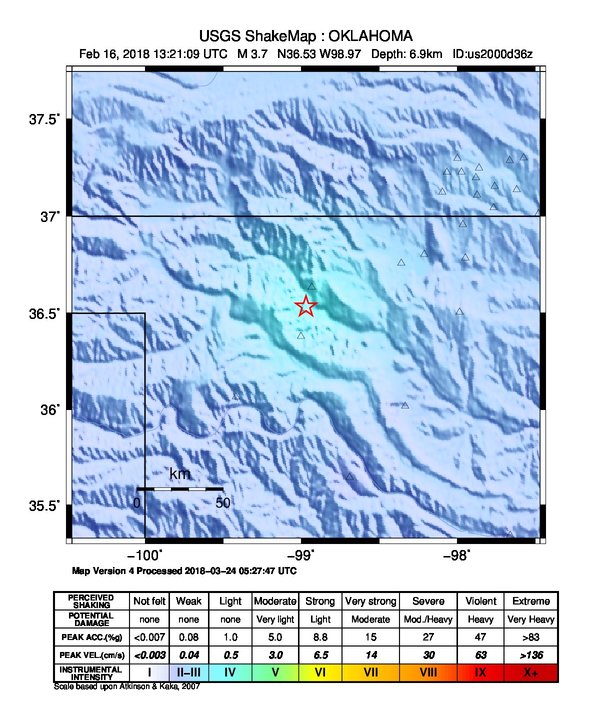 USGS ShakeMap: estimated shaking intensity around the epicenter