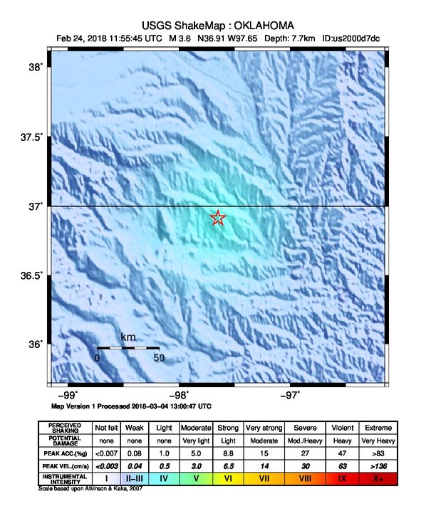 USGS ShakeMap: estimated shaking intensity around the epicenter