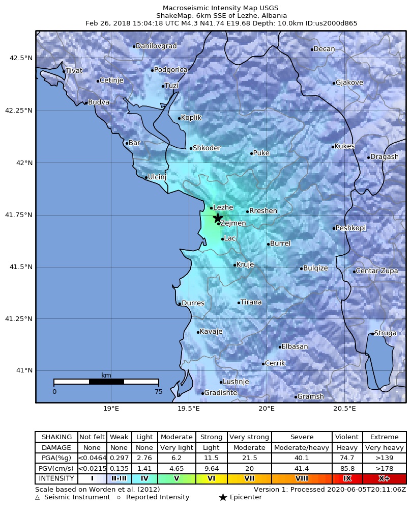 USGS ShakeMap: estimated shaking intensity around the epicenter