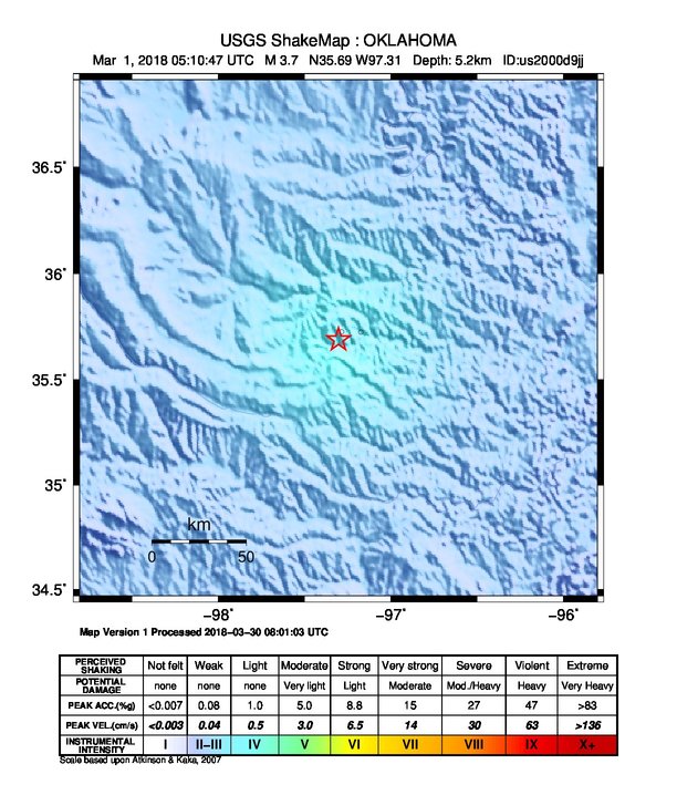 USGS ShakeMap: estimated shaking intensity around the epicenter
