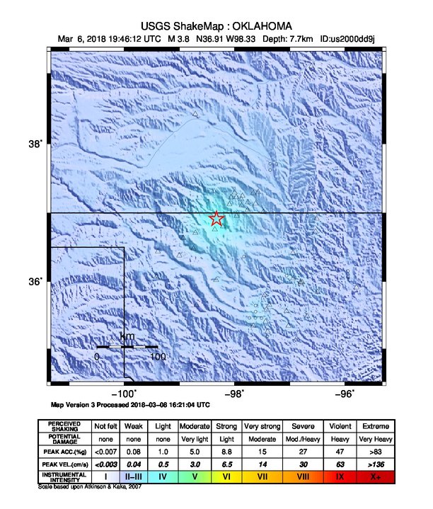 USGS ShakeMap: estimated shaking intensity around the epicenter