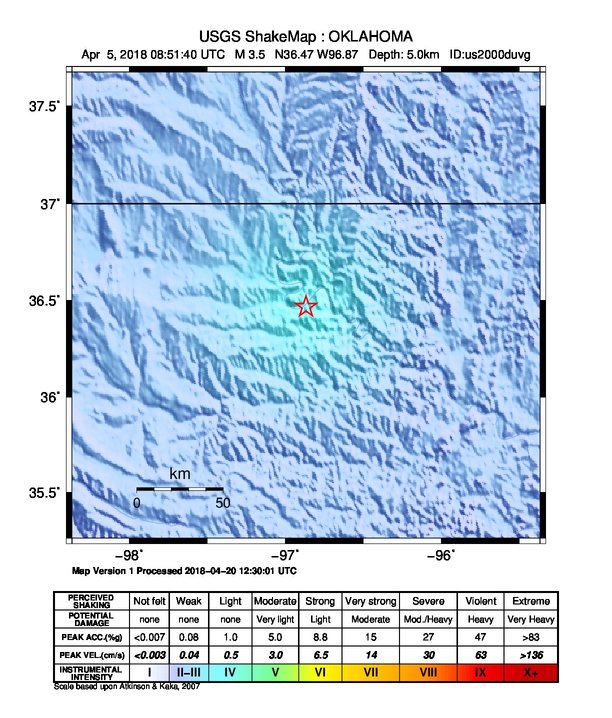 USGS ShakeMap: estimated shaking intensity around the epicenter