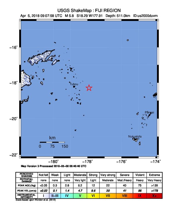 USGS ShakeMap: estimated shaking intensity around the epicenter