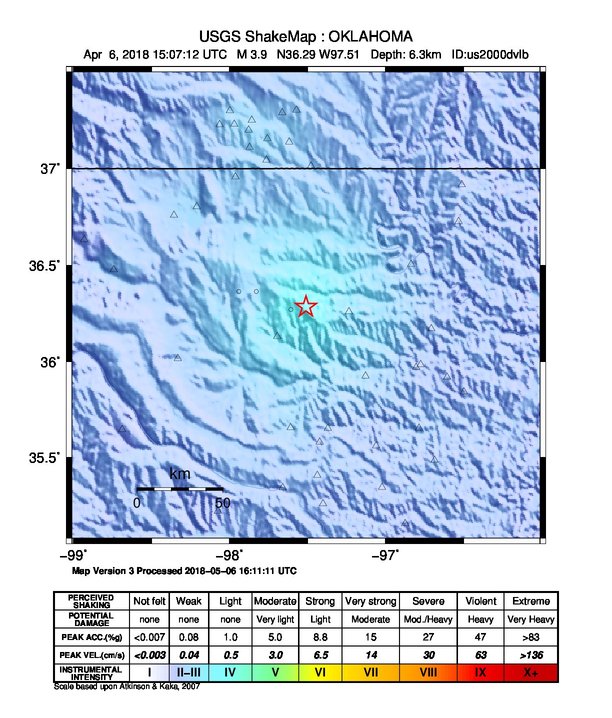 USGS ShakeMap: estimated shaking intensity around the epicenter