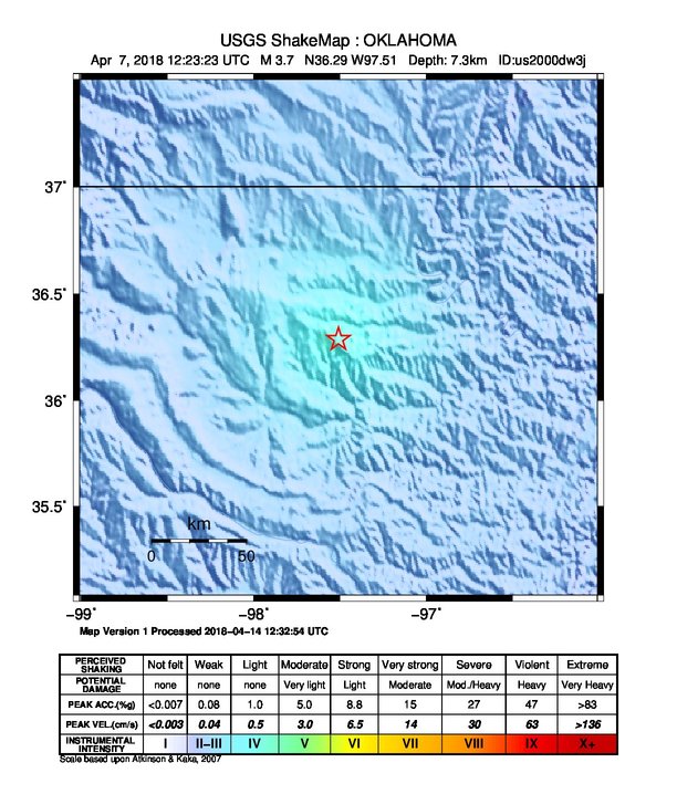 USGS ShakeMap: estimated shaking intensity around the epicenter