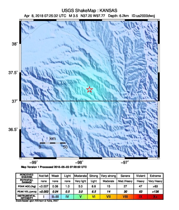 USGS ShakeMap: estimated shaking intensity around the epicenter