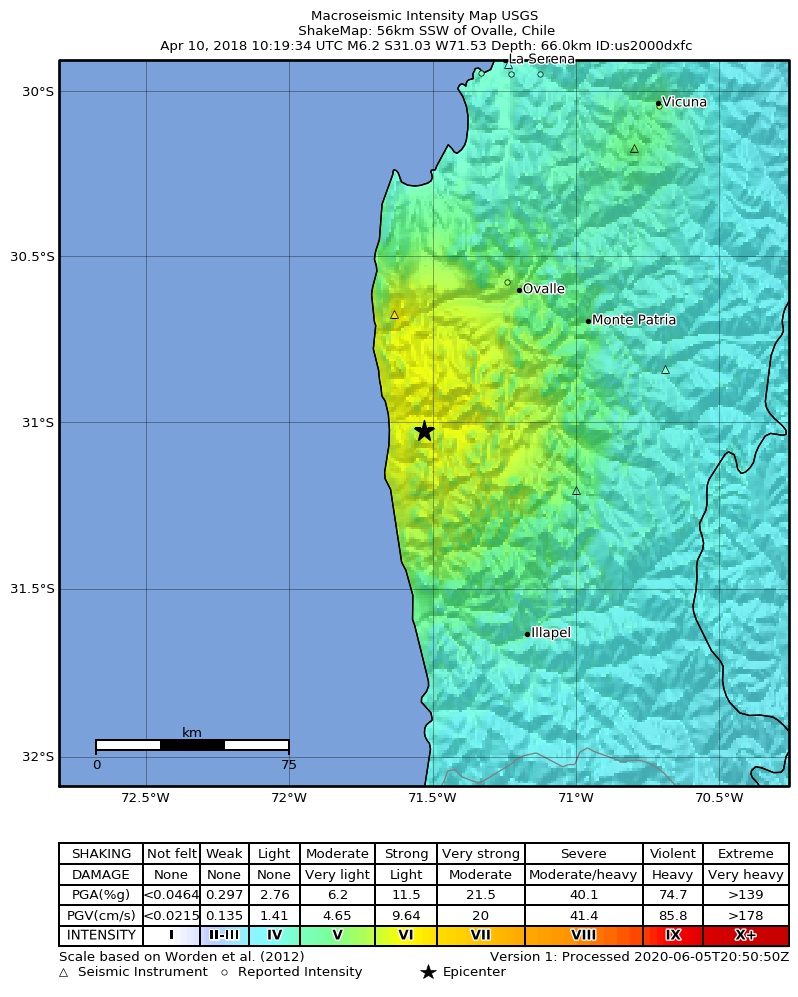 USGS ShakeMap: estimated shaking intensity around the epicenter
