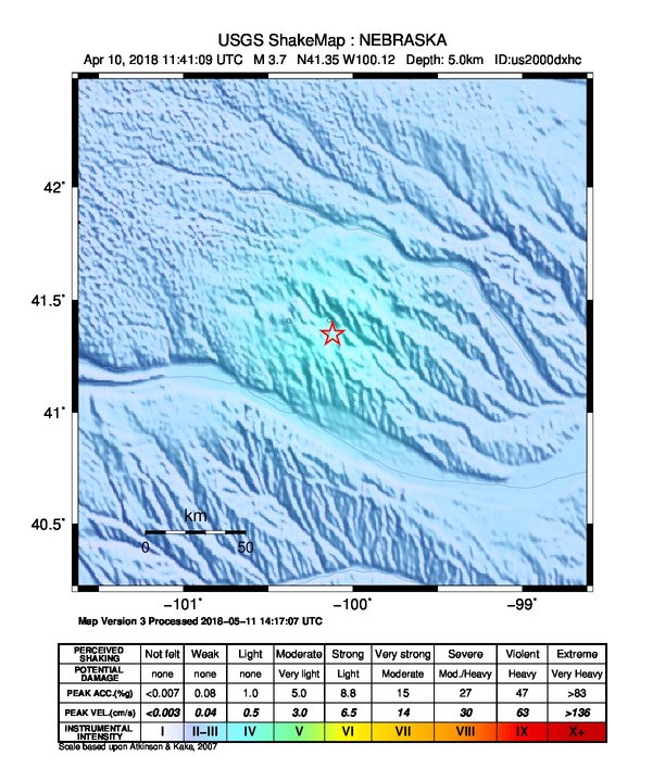 USGS ShakeMap: estimated shaking intensity around the epicenter