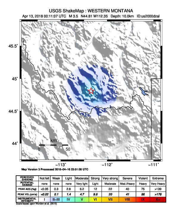 USGS ShakeMap: estimated shaking intensity around the epicenter