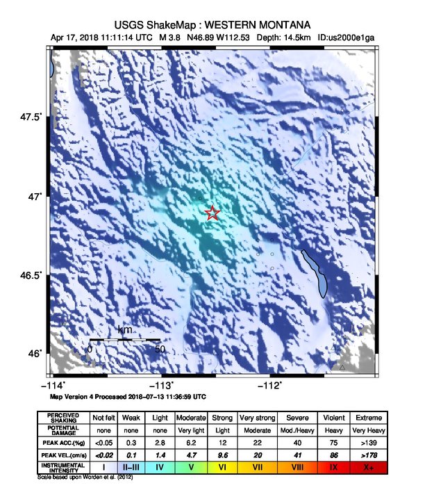 USGS ShakeMap: estimated shaking intensity around the epicenter
