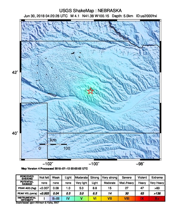 USGS ShakeMap: estimated shaking intensity around the epicenter