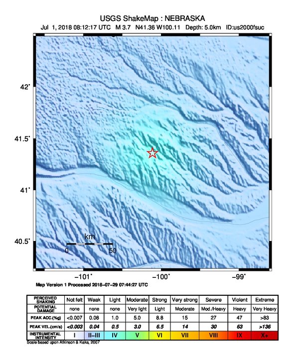 USGS ShakeMap: estimated shaking intensity around the epicenter