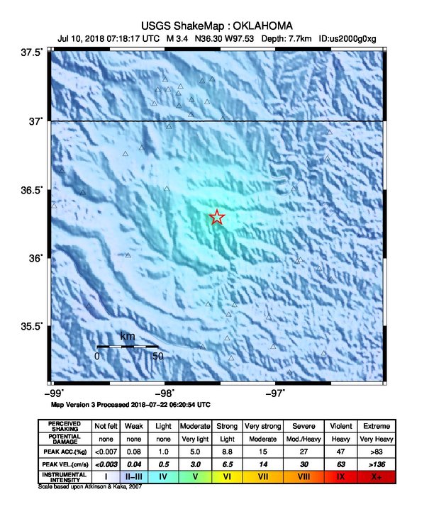 USGS ShakeMap: estimated shaking intensity around the epicenter