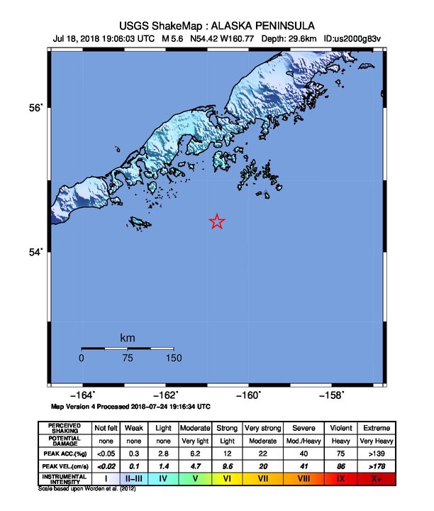 USGS ShakeMap: estimated shaking intensity around the epicenter