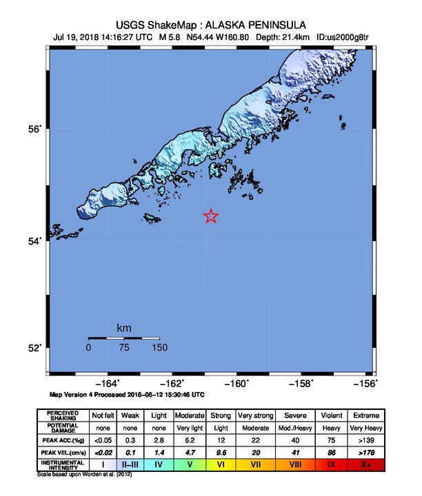 USGS ShakeMap: estimated shaking intensity around the epicenter