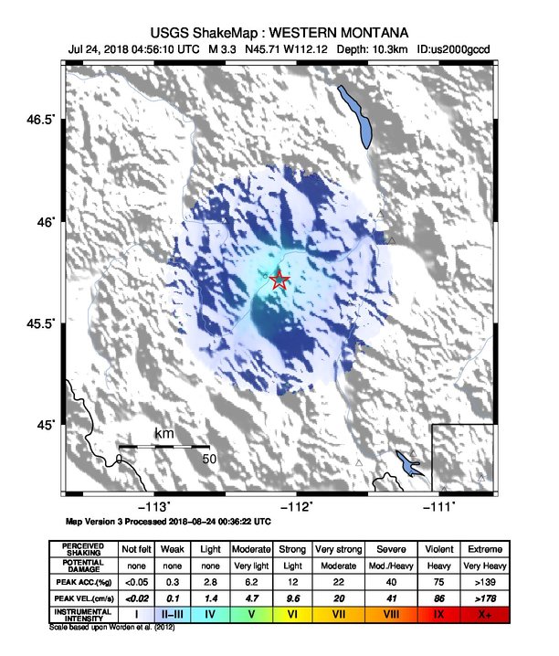 USGS ShakeMap: estimated shaking intensity around the epicenter