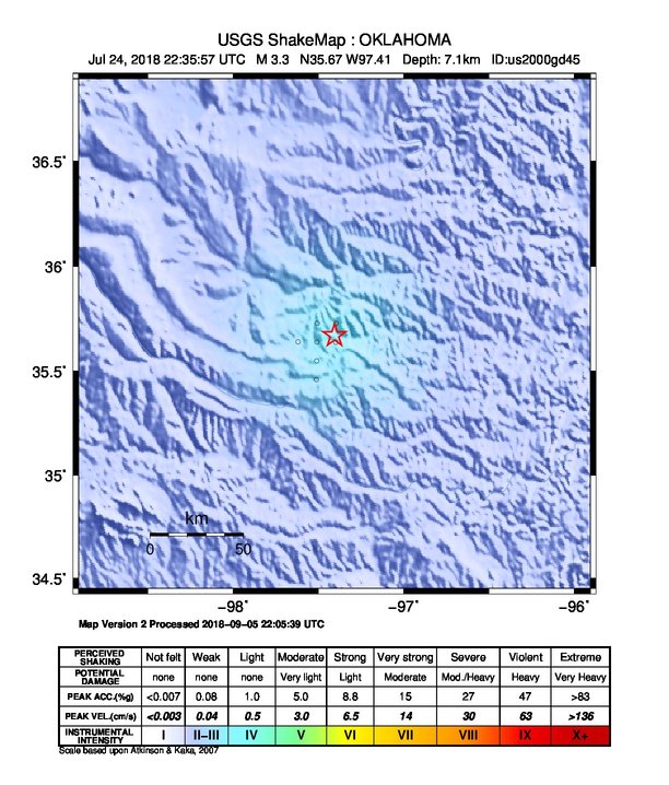 USGS ShakeMap: estimated shaking intensity around the epicenter