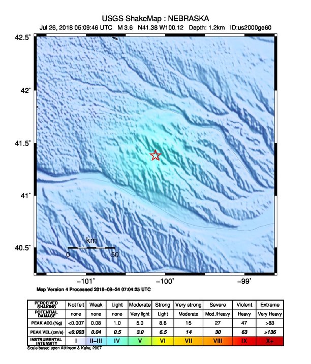 USGS ShakeMap: estimated shaking intensity around the epicenter