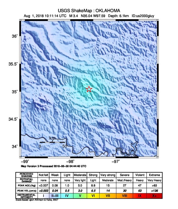 USGS ShakeMap: estimated shaking intensity around the epicenter
