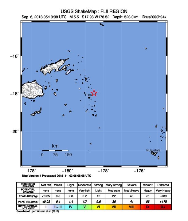 USGS ShakeMap: estimated shaking intensity around the epicenter