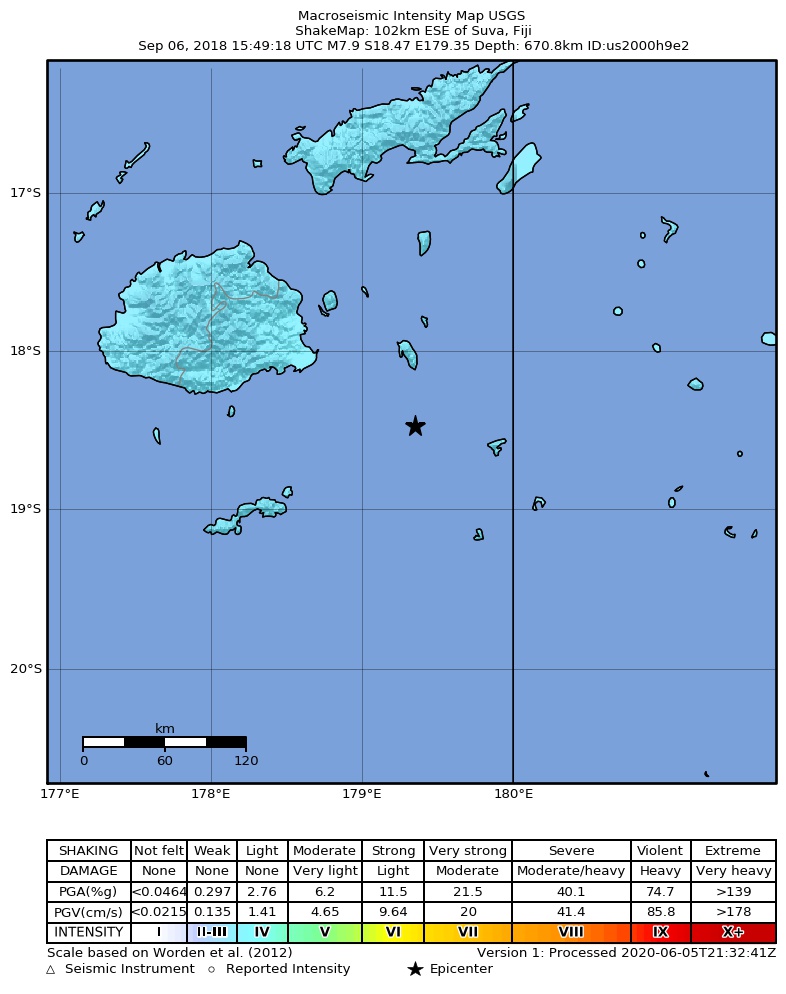 USGS ShakeMap: estimated shaking intensity around the epicenter