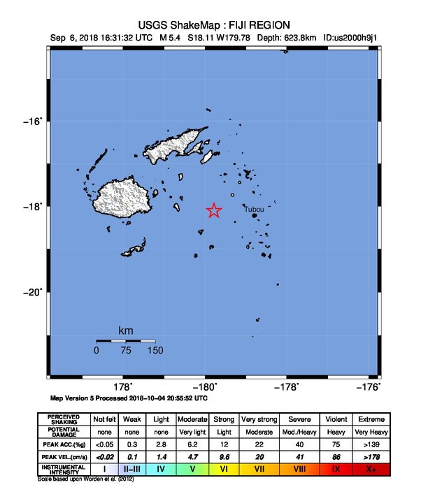 USGS ShakeMap: estimated shaking intensity around the epicenter
