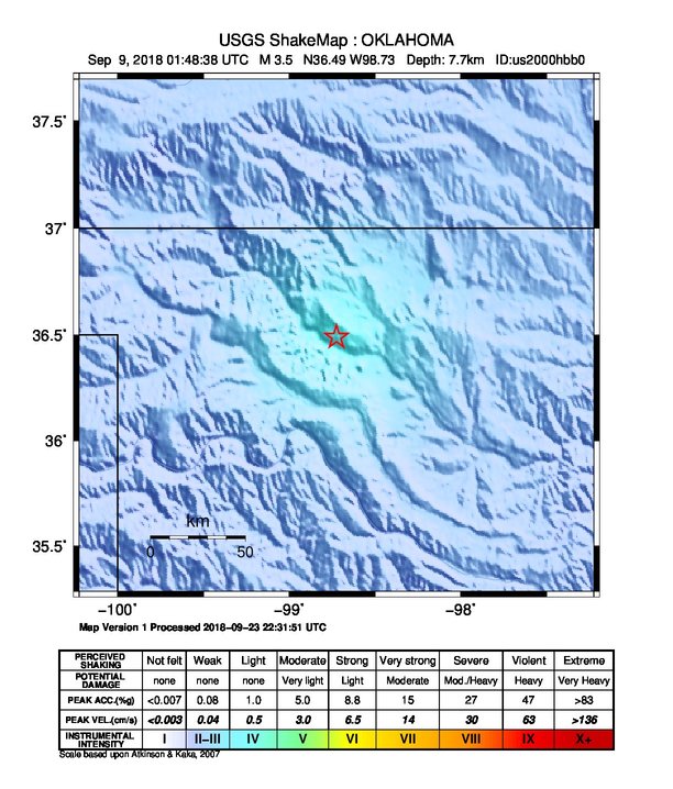 USGS ShakeMap: estimated shaking intensity around the epicenter