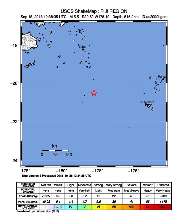 USGS ShakeMap: estimated shaking intensity around the epicenter