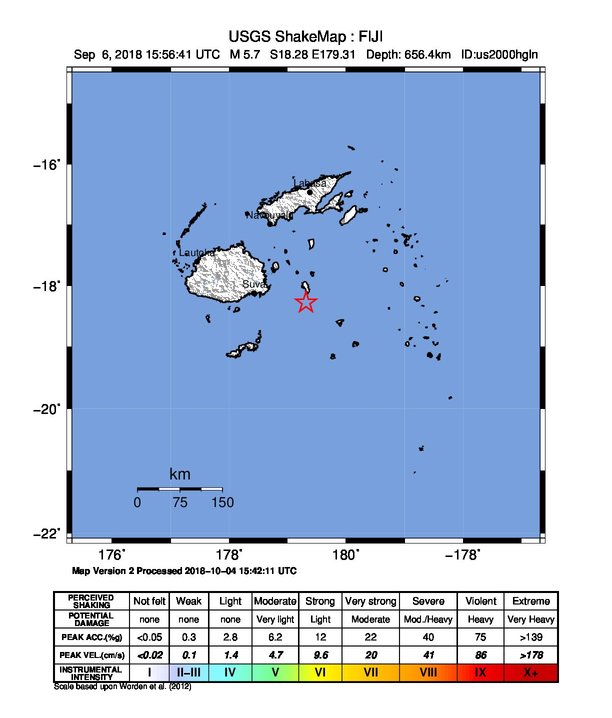 USGS ShakeMap: estimated shaking intensity around the epicenter