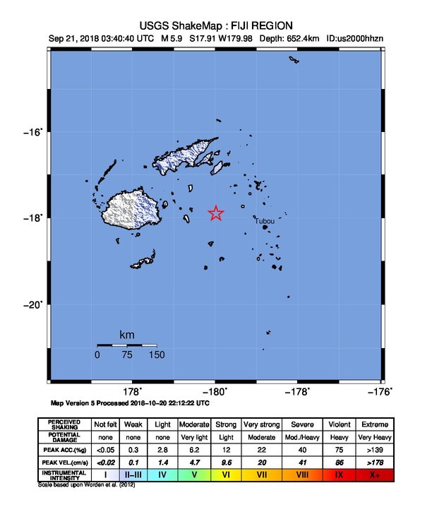 USGS ShakeMap: estimated shaking intensity around the epicenter