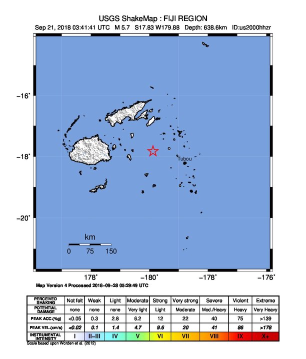 USGS ShakeMap: estimated shaking intensity around the epicenter