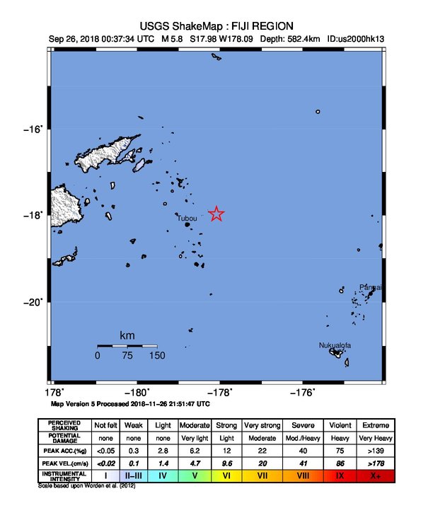 USGS ShakeMap: estimated shaking intensity around the epicenter