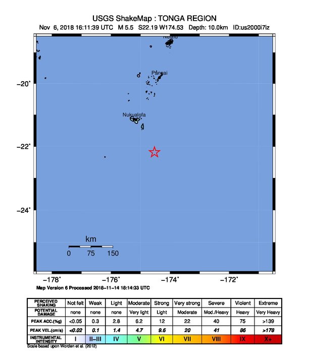 USGS ShakeMap: estimated shaking intensity around the epicenter