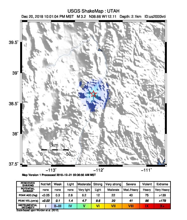 USGS ShakeMap: estimated shaking intensity around the epicenter