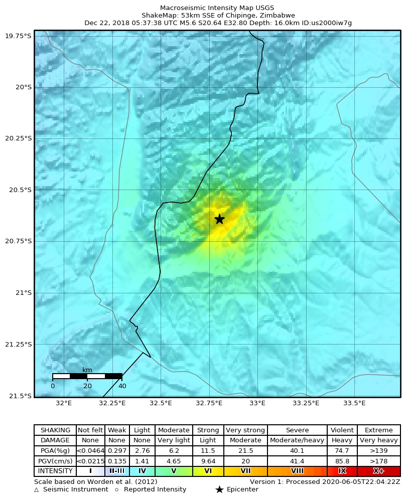 USGS ShakeMap: estimated shaking intensity around the epicenter