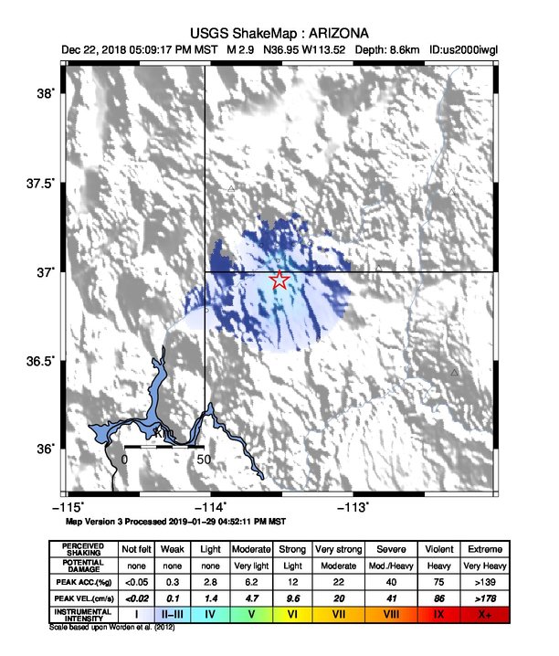 USGS ShakeMap: estimated shaking intensity around the epicenter
