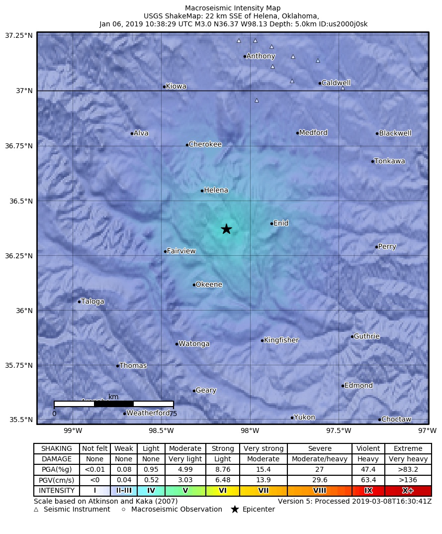 USGS ShakeMap: estimated shaking intensity around the epicenter