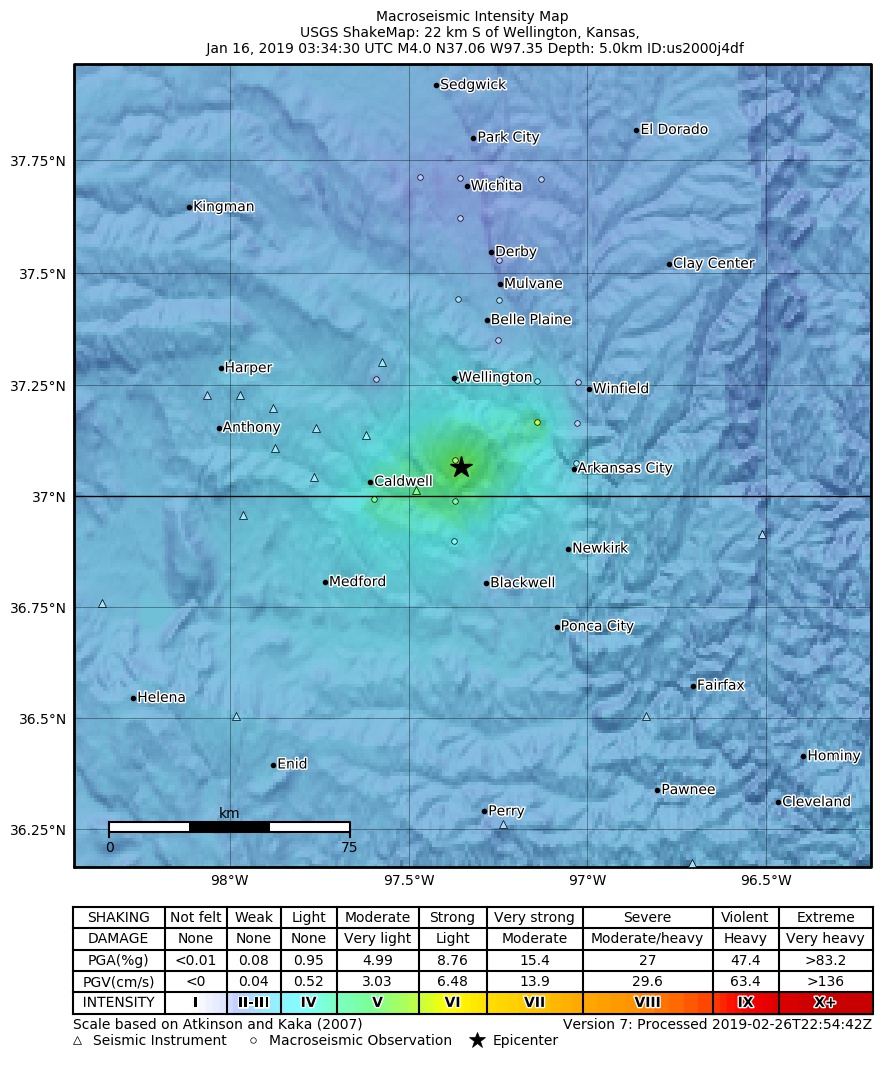 USGS ShakeMap: estimated shaking intensity around the epicenter