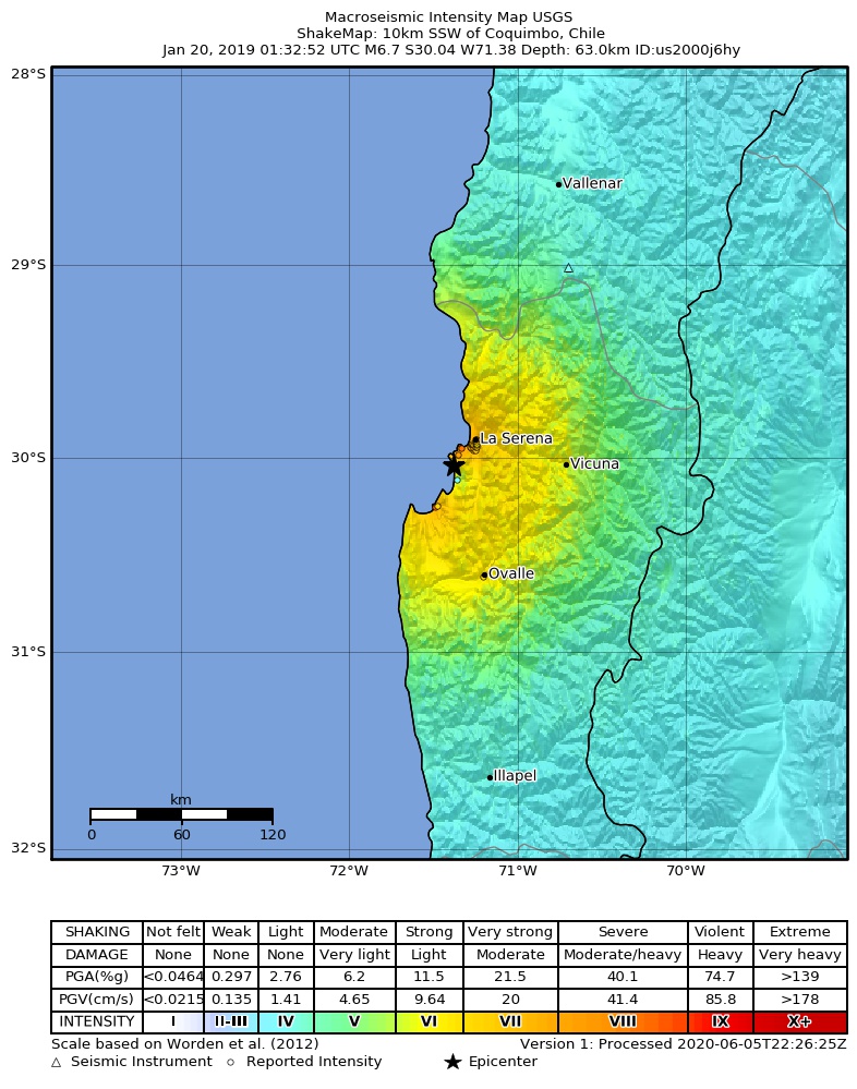USGS ShakeMap: estimated shaking intensity around the epicenter