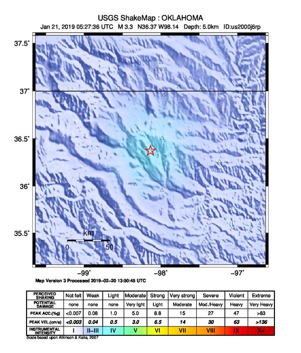 USGS ShakeMap: estimated shaking intensity around the epicenter