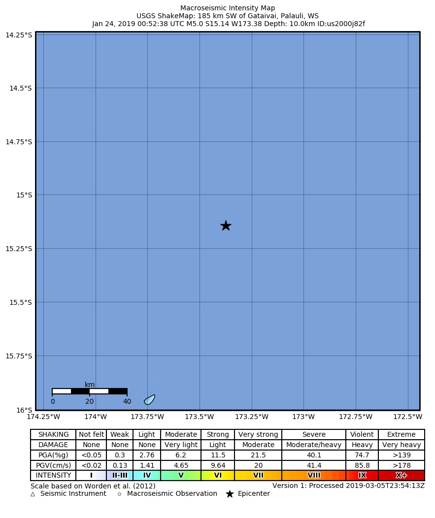 USGS ShakeMap: estimated shaking intensity around the epicenter