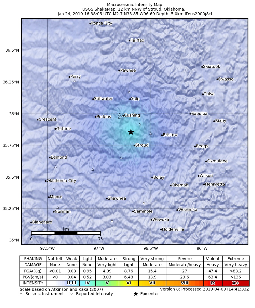 USGS ShakeMap: estimated shaking intensity around the epicenter