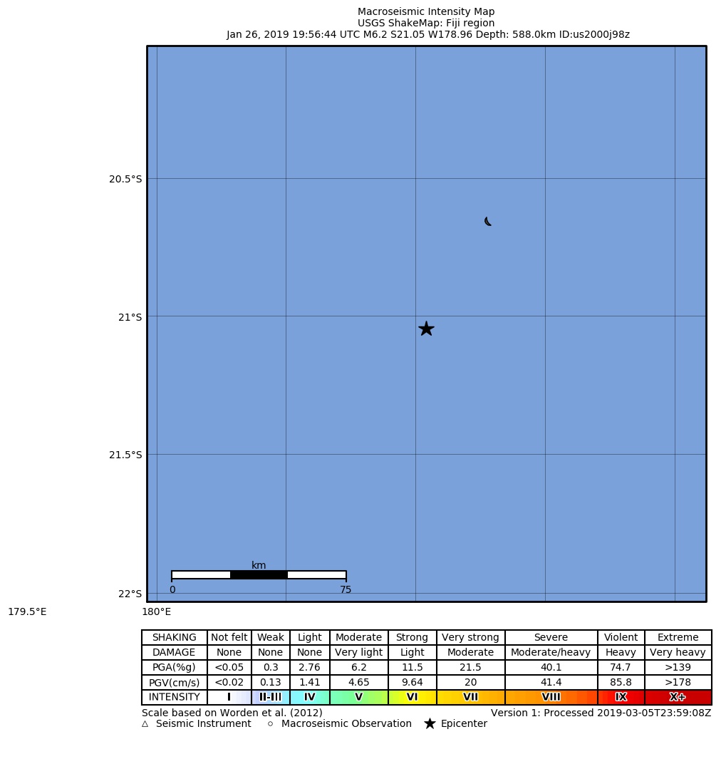USGS ShakeMap: estimated shaking intensity around the epicenter