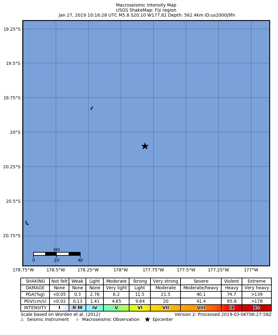 USGS ShakeMap: estimated shaking intensity around the epicenter