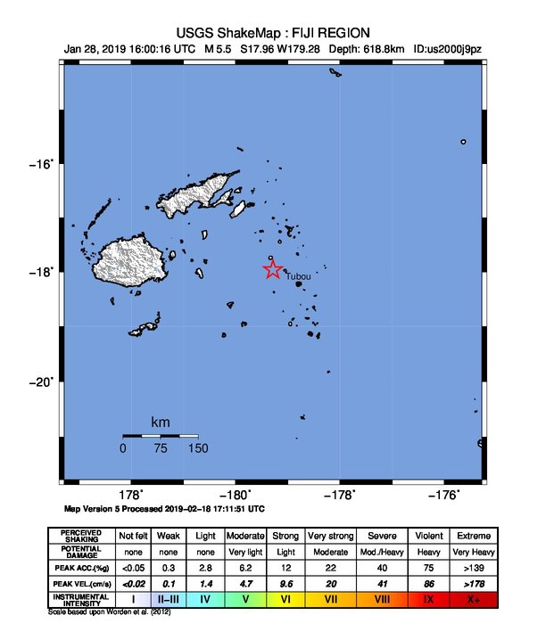 USGS ShakeMap: estimated shaking intensity around the epicenter