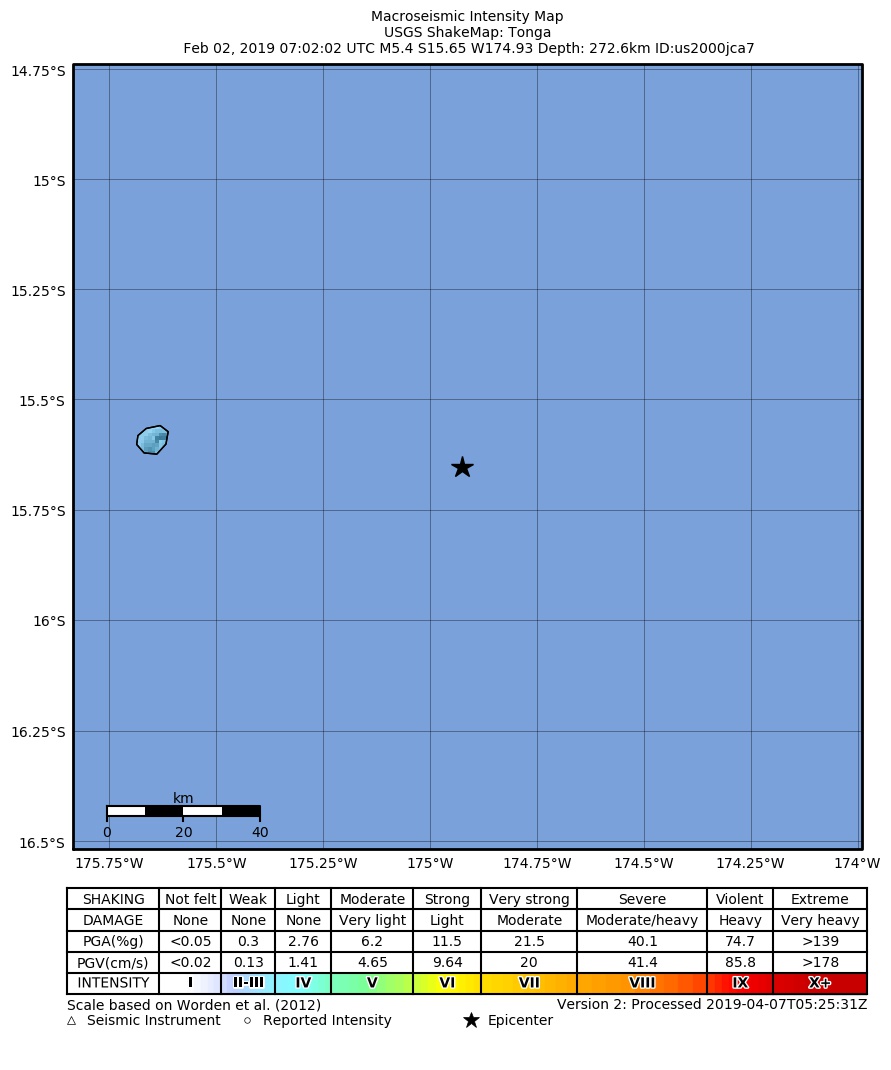 USGS ShakeMap: estimated shaking intensity around the epicenter