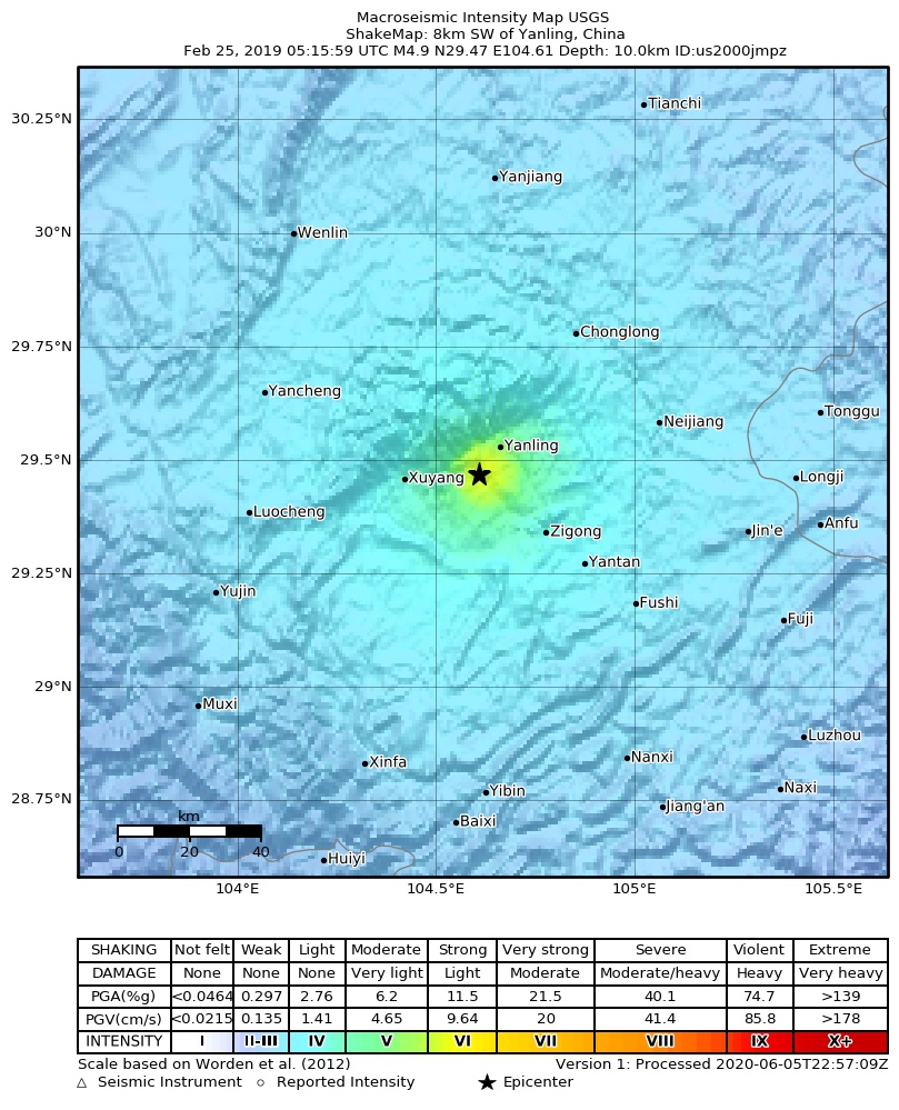 USGS ShakeMap: estimated shaking intensity around the epicenter